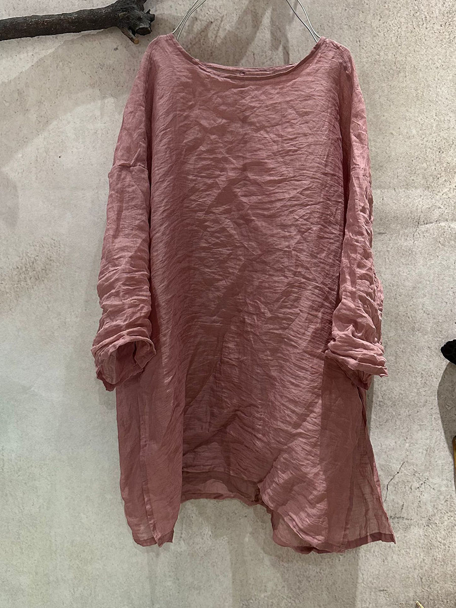 Plus Size Women Summer Artsy Pure Color O-Neck Ramie Blouse