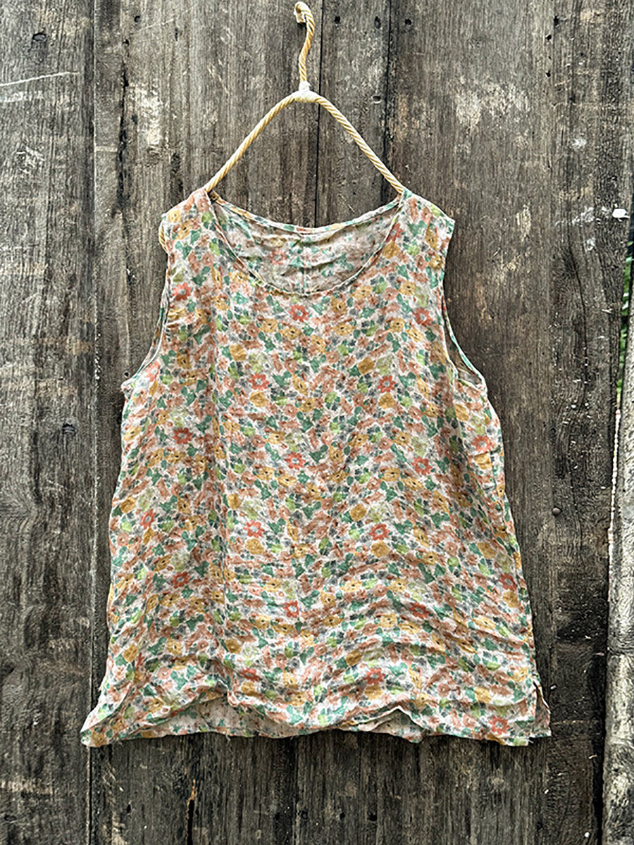 Women Summer Vintage Floral O-Neck Ramie Vest