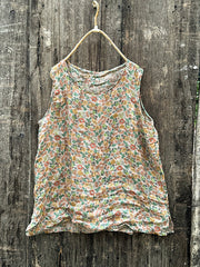 Women Summer Vintage Floral O-Neck Ramie Vest