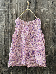 Women Summer Vintage Floral O-Neck Ramie Vest