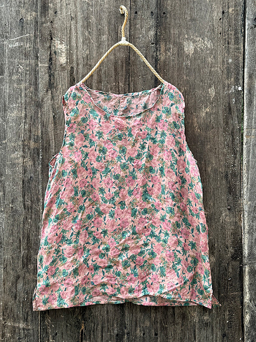 Women Summer Vintage Floral O-Neck Ramie Vest