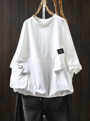 Plus Size Women Summer Pocket Pure Color O-Neck Cotton Blouse