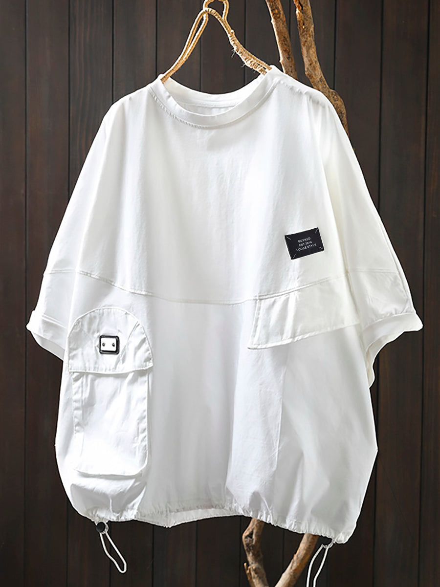 Plus Size Women Summer Pocket Pure Color O-Neck Cotton Blouse
