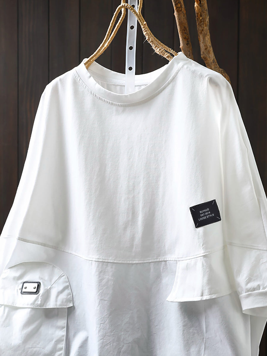 Plus Size Women Summer Pocket Pure Color O-Neck Cotton Blouse