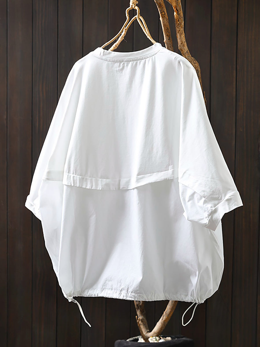 Plus Size Women Summer Pocket Pure Color O-Neck Cotton Blouse