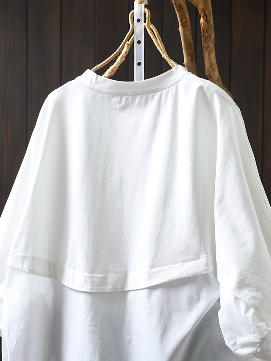 Plus Size Women Summer Pocket Pure Color O-Neck Cotton Blouse