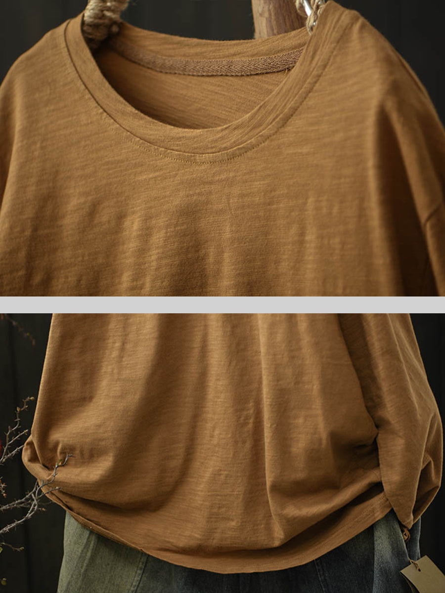 Women Casual Autumn Pure Color O-Neck Cotton Blouse
