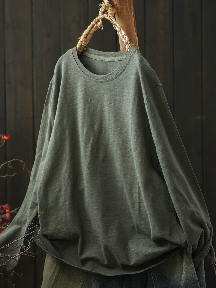 Women Casual Autumn Pure Color O-Neck Cotton Blouse