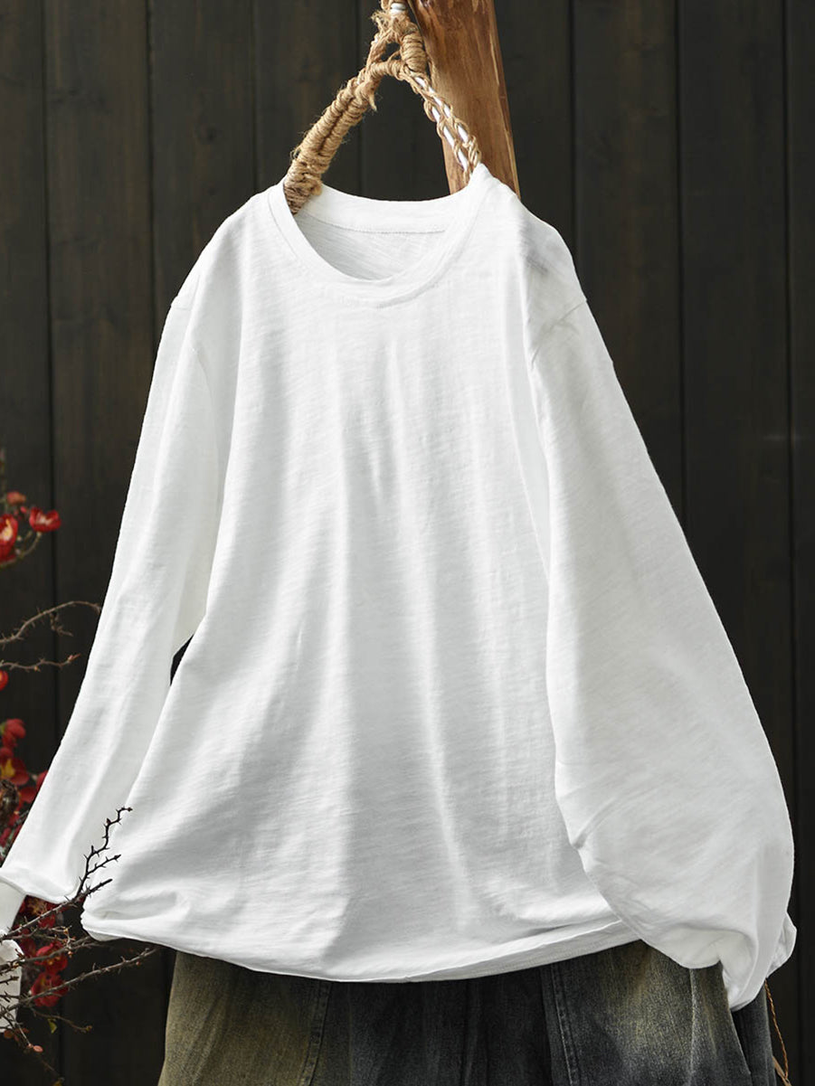 Women Casual Autumn Pure Color O-Neck Cotton Blouse