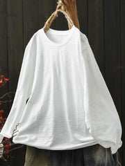Women Casual Autumn Pure Color O-Neck Cotton Blouse