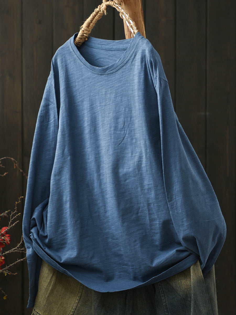 Women Casual Autumn Pure Color O-Neck Cotton Blouse