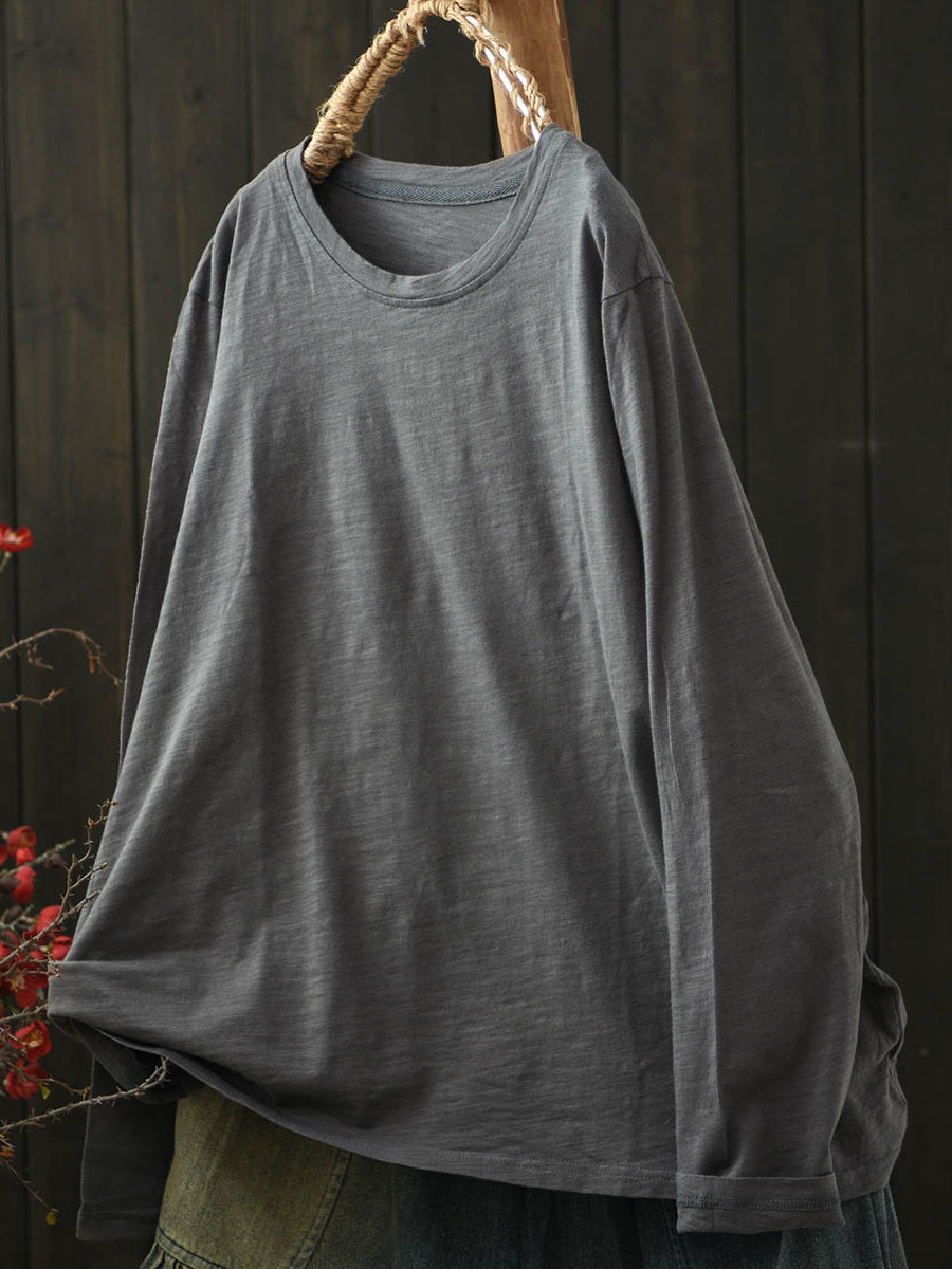 Women Casual Autumn Pure Color O-Neck Cotton Blouse