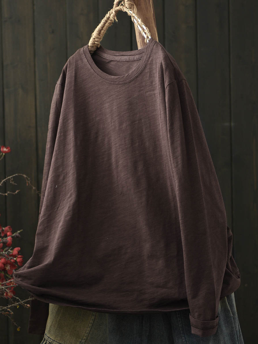 Women Casual Autumn Pure Color O-Neck Cotton Blouse