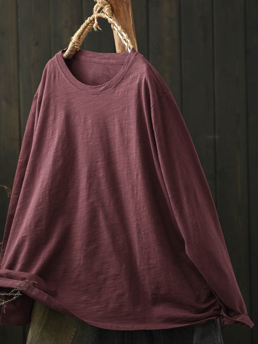 Women Casual Autumn Pure Color O-Neck Cotton Blouse