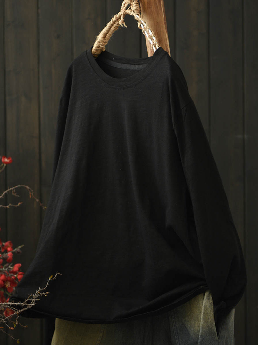 Women Casual Autumn Pure Color O-Neck Cotton Blouse