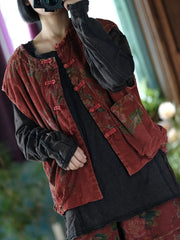 Women Autumn Retro Flower O-Neck Cotton Padded Vest
