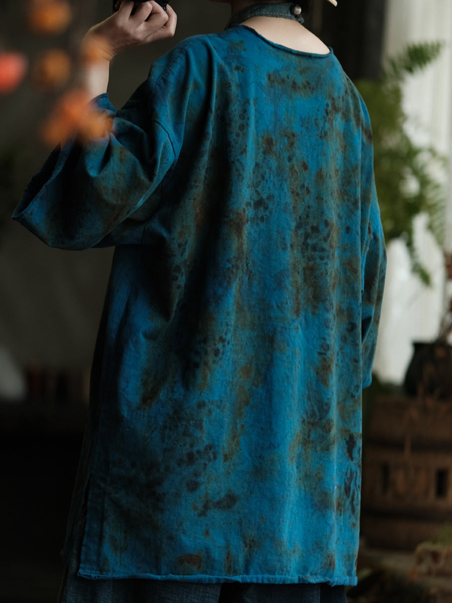 Plus Size Women Autumn Vintage O-Neck Tie-dye Cotton Blouse