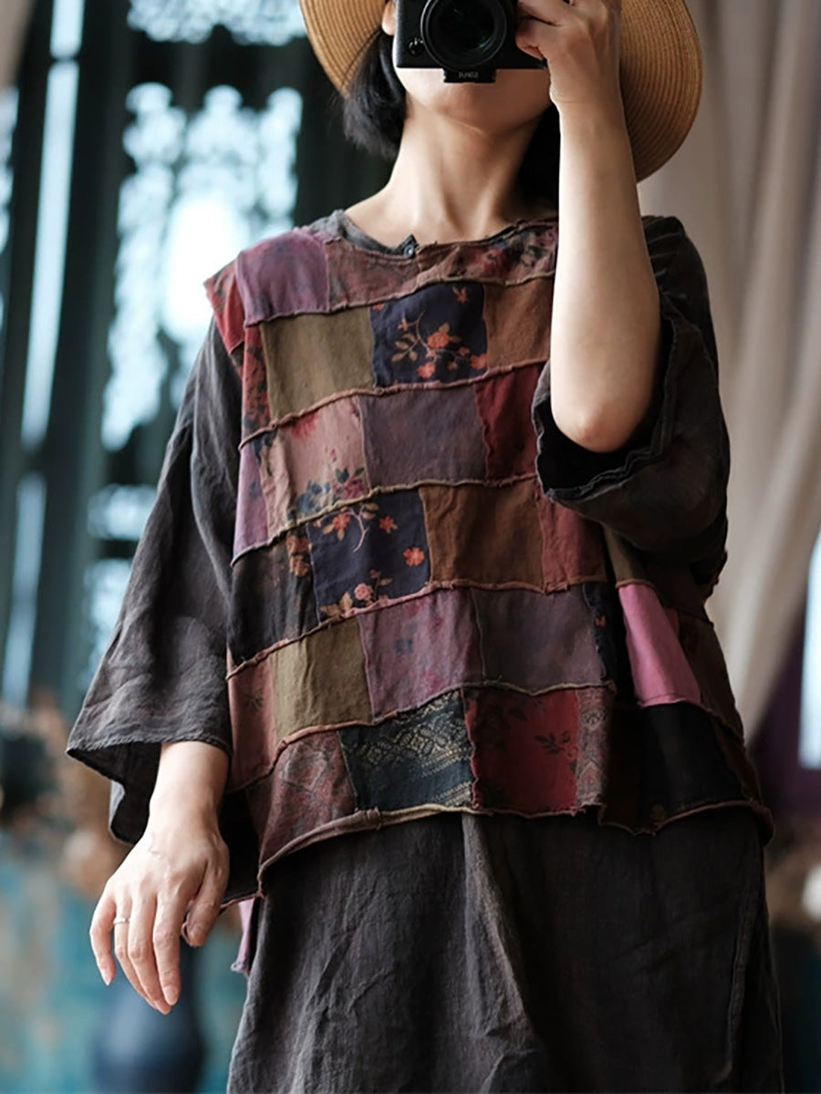 Women Autumn Retro Patchwork Cotton O-Neck Blouse