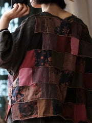 Women Autumn Retro Patchwork Cotton O-Neck Blouse