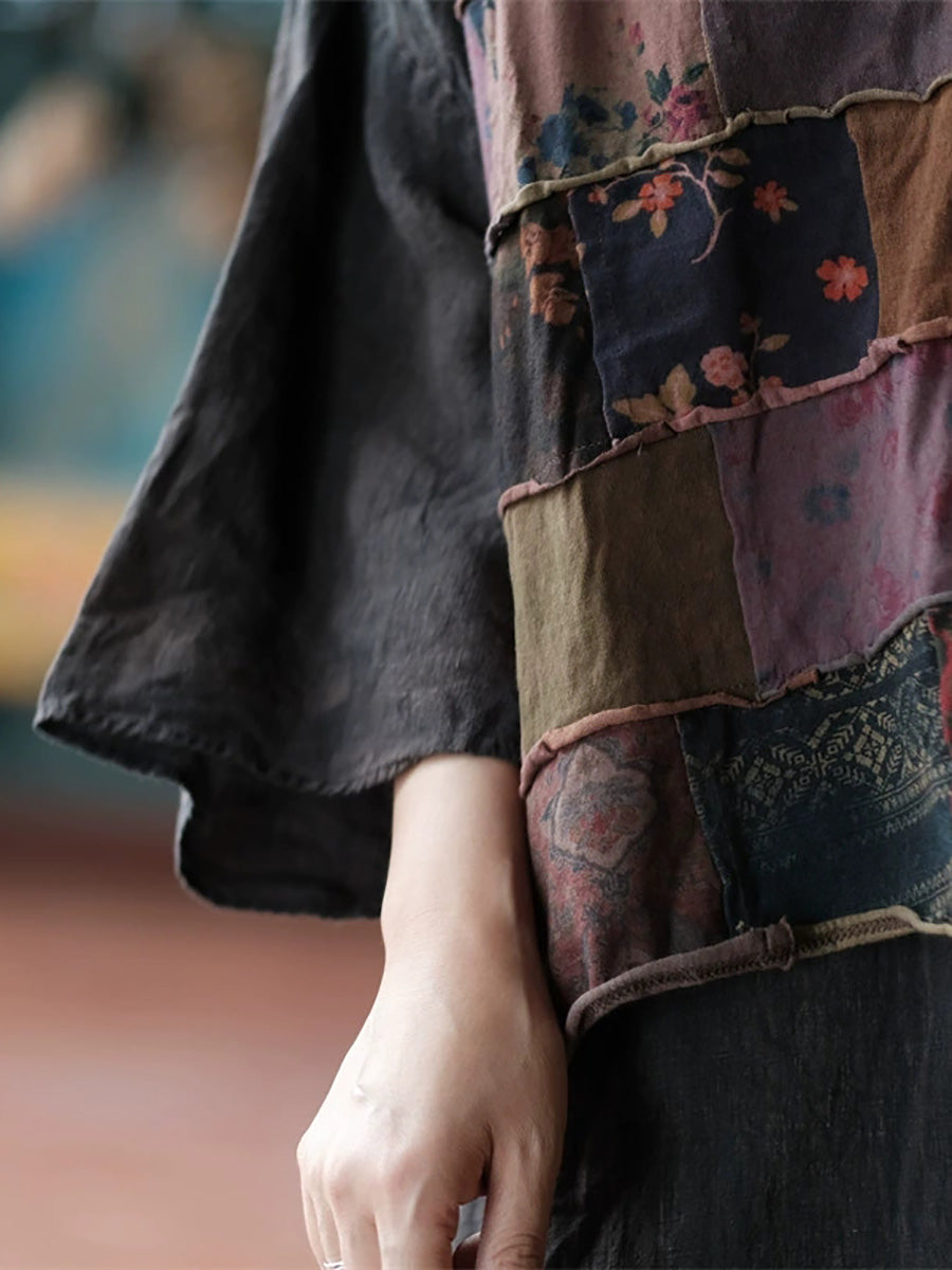 Women Autumn Retro Patchwork Cotton O-Neck Blouse