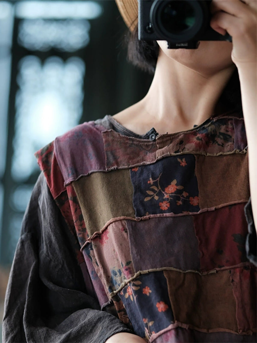 Women Autumn Retro Patchwork Cotton O-Neck Blouse