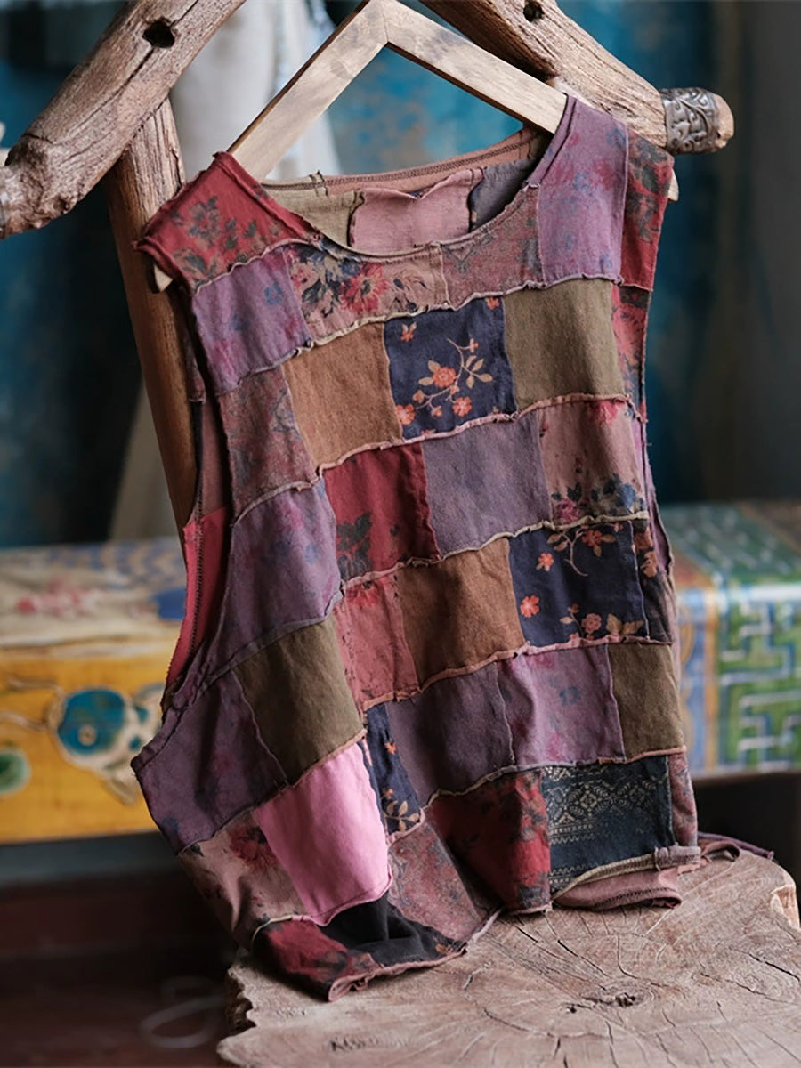 Women Autumn Retro Patchwork Cotton O-Neck Blouse