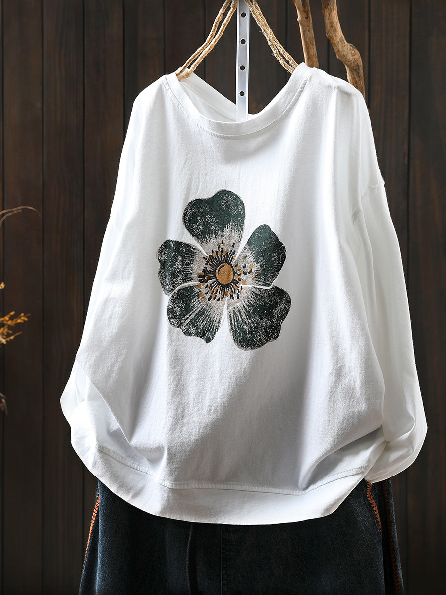 Plus Size Women Autumn Artsy Flower O-Neck Cotton Blouse