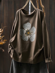 Plus Size Women Autumn Artsy Flower O-Neck Cotton Blouse