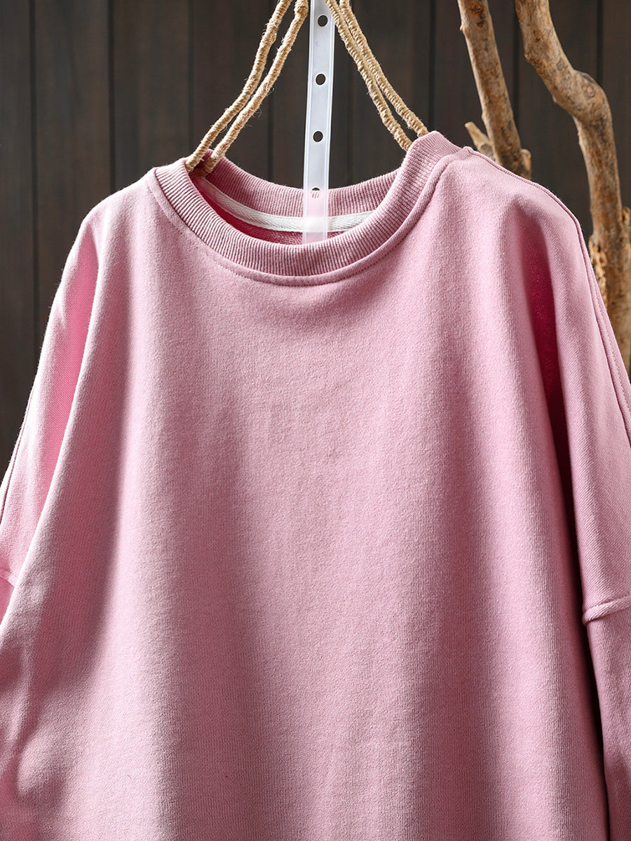 Plus Size Women Autumn Casual Pure Color O-Neck Blouse