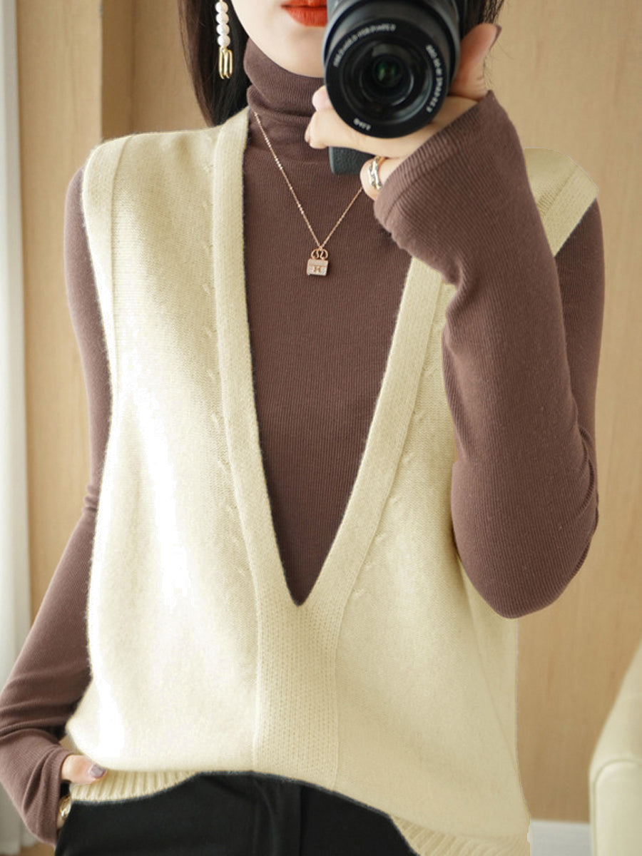 Women Autumn Casual Pure Color V-Neck Knitted Vest