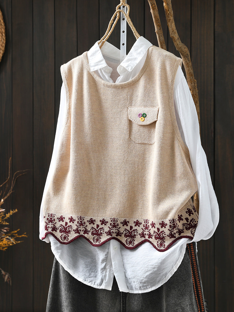 Women Autumn Artsy Wave Hem O-Neck Knitted Vest