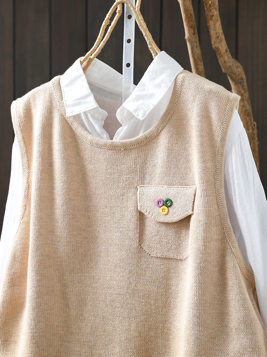 Women Autumn Artsy Wave Hem O-Neck Knitted Vest