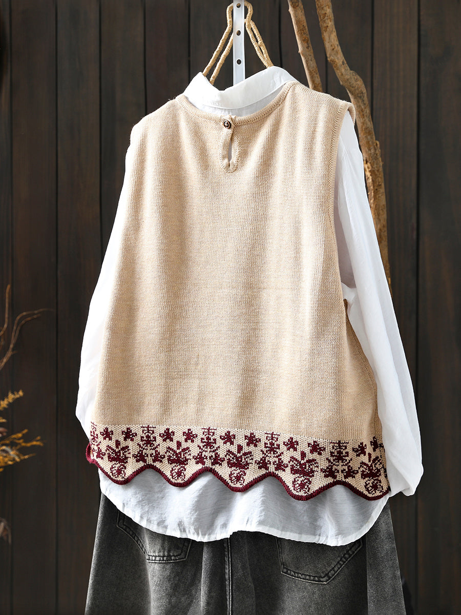 Women Autumn Artsy Wave Hem O-Neck Knitted Vest