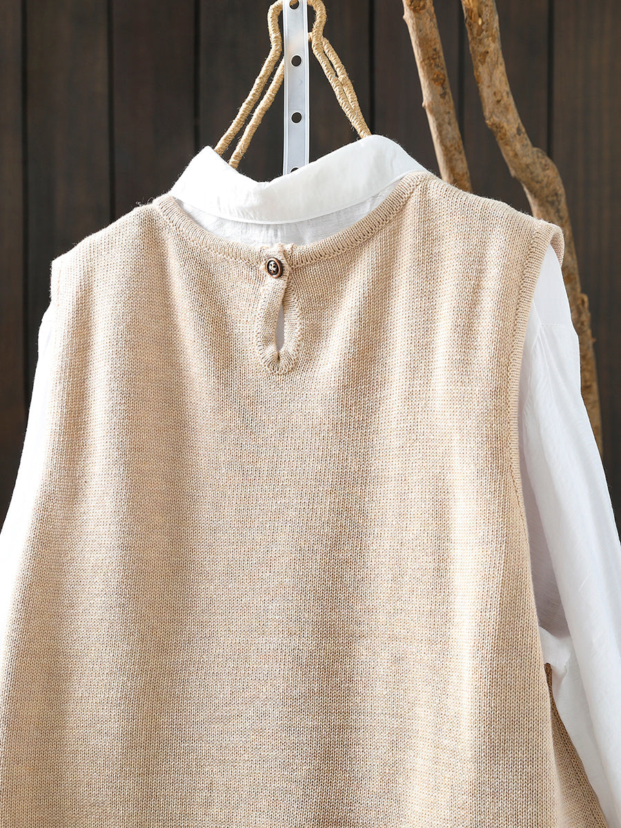 Women Autumn Artsy Wave Hem O-Neck Knitted Vest