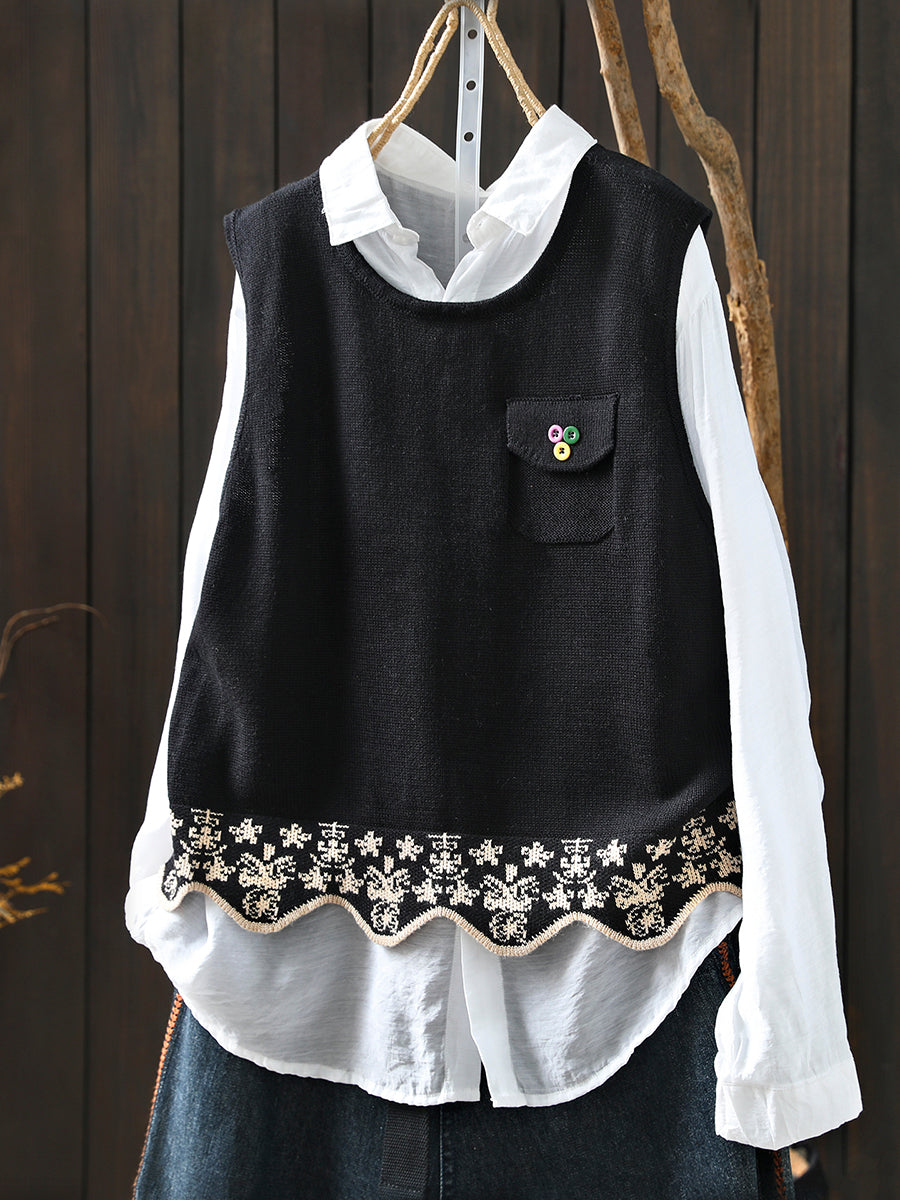 Women Autumn Artsy Wave Hem O-Neck Knitted Vest
