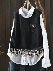 Women Autumn Artsy Wave Hem O-Neck Knitted Vest