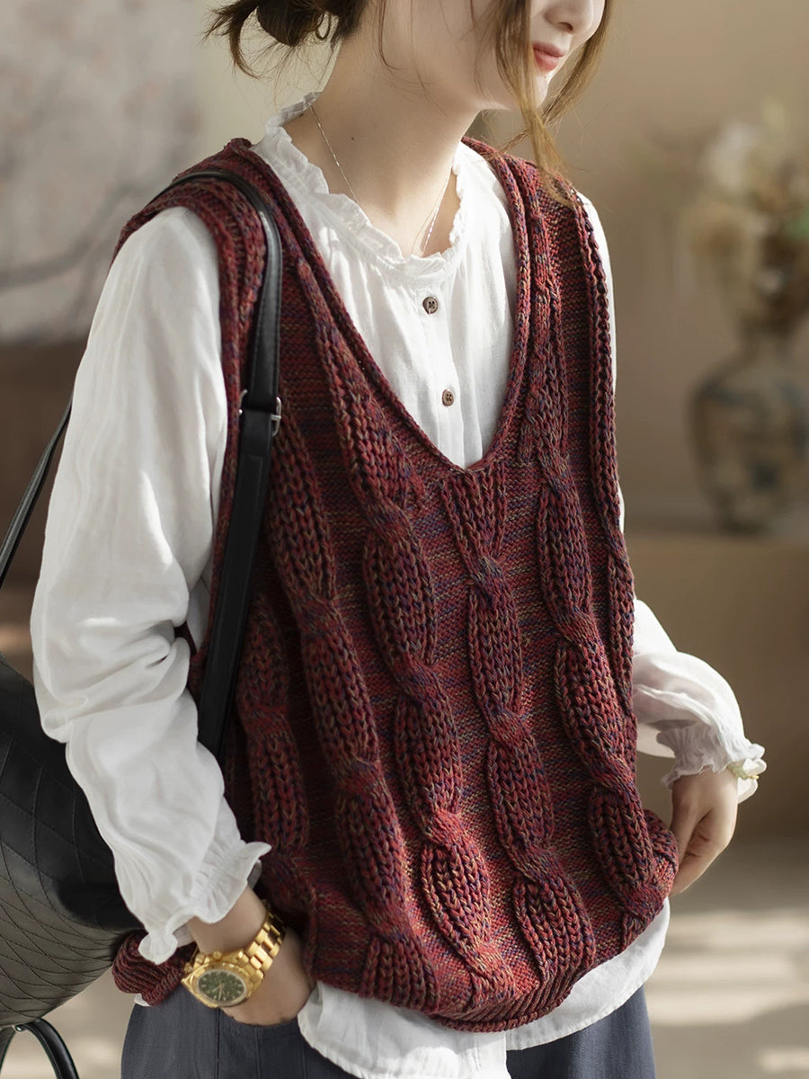 Women Spring Artsy V-Neck Cable Knitted Vest