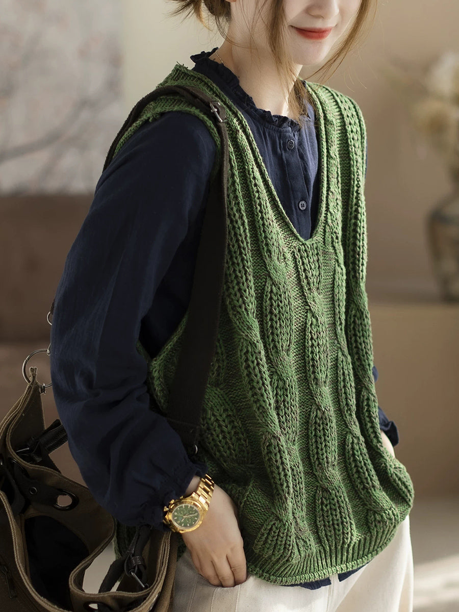 Women Spring Artsy V-Neck Cable Knitted Vest