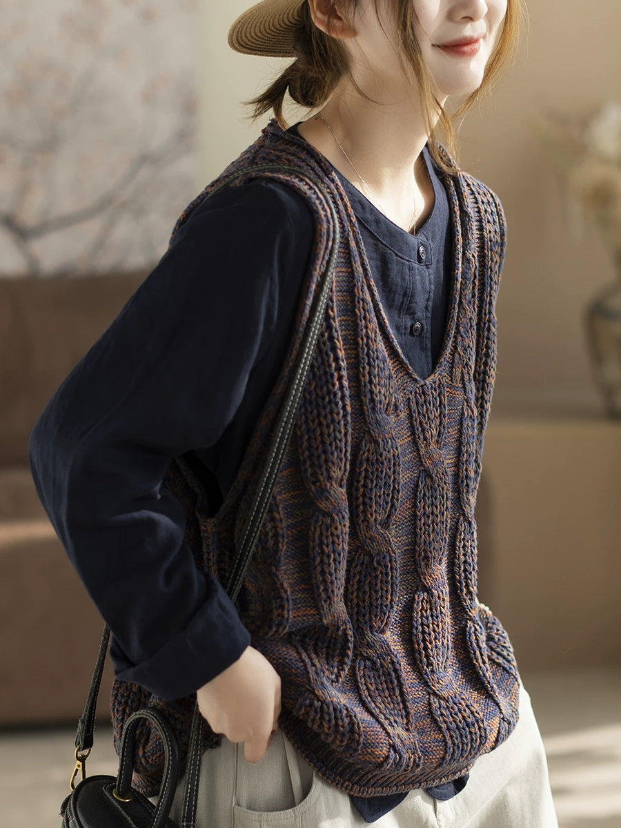 Women Spring Artsy V-Neck Cable Knitted Vest