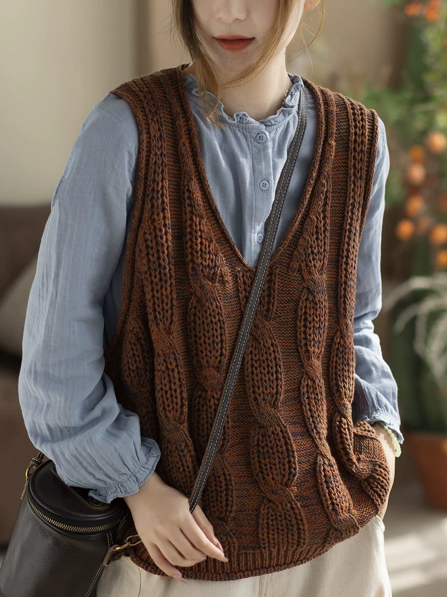 Women Spring Artsy V-Neck Cable Knitted Vest