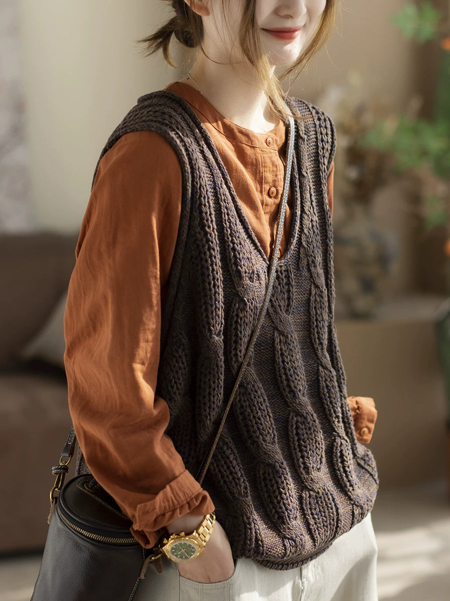 Women Spring Artsy V-Neck Cable Knitted Vest