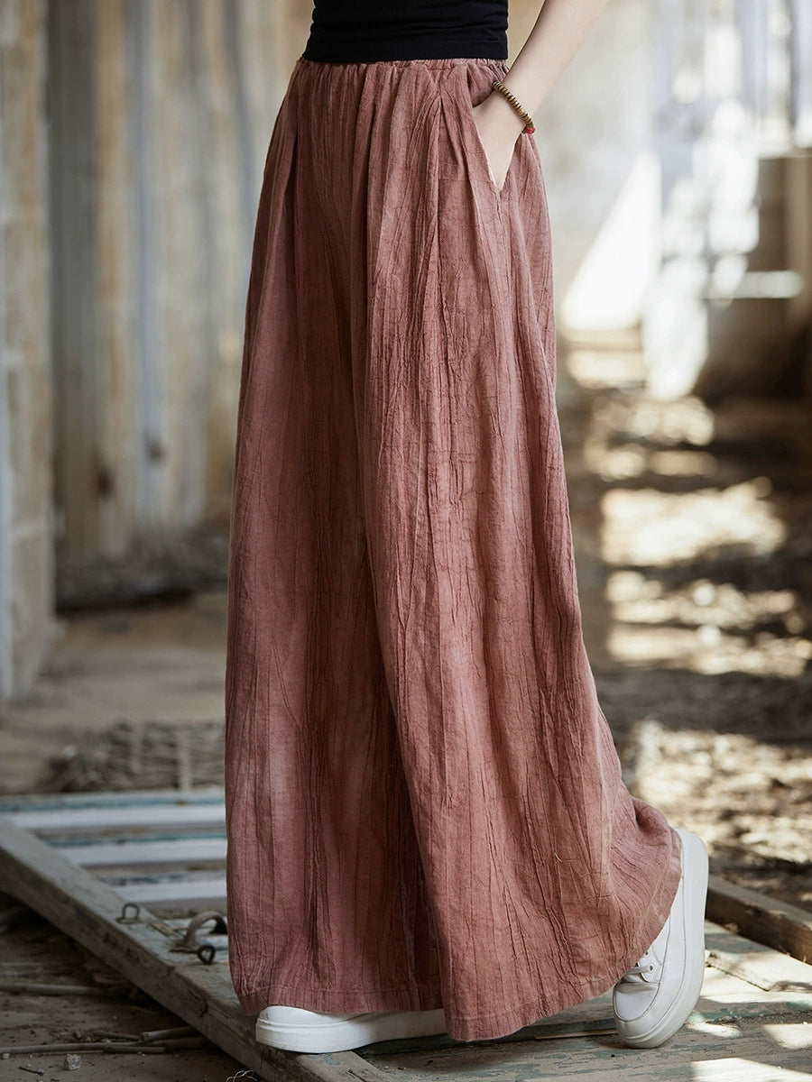 Women Spring Vintage Tie-dye Ramie Wide-leg Pants