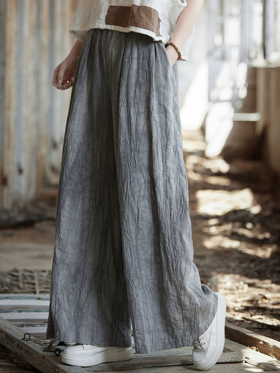 Women Spring Vintage Tie-dye Ramie Wide-leg Pants