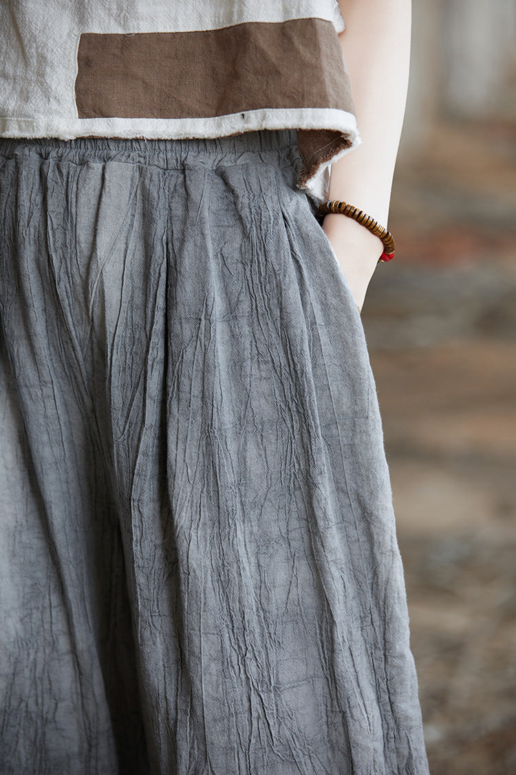 Women Spring Vintage Tie-dye Ramie Wide-leg Pants