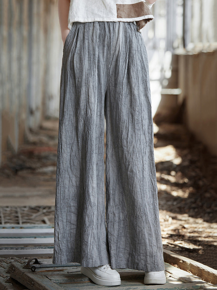 Women Spring Vintage Tie-dye Ramie Wide-leg Pants