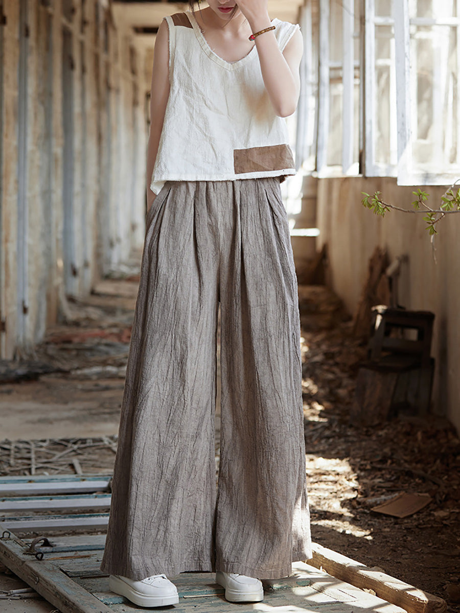 Women Spring Vintage Tie-dye Ramie Wide-leg Pants