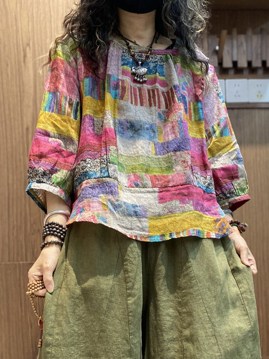 Plus Size Women Summer Artsy Patchwork O-Neck Blouse