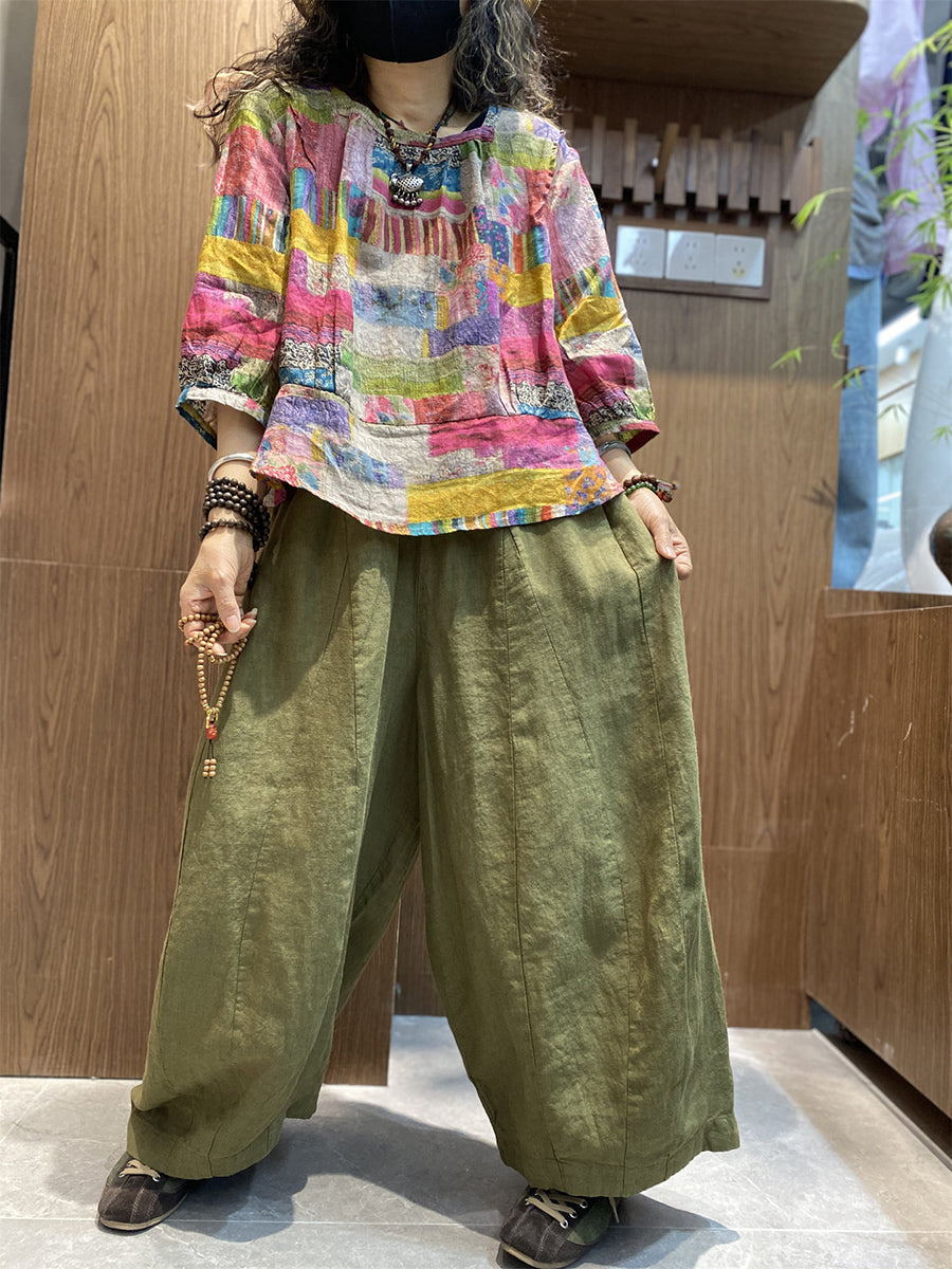 Plus Size Women Summer Artsy Patchwork O-Neck Blouse