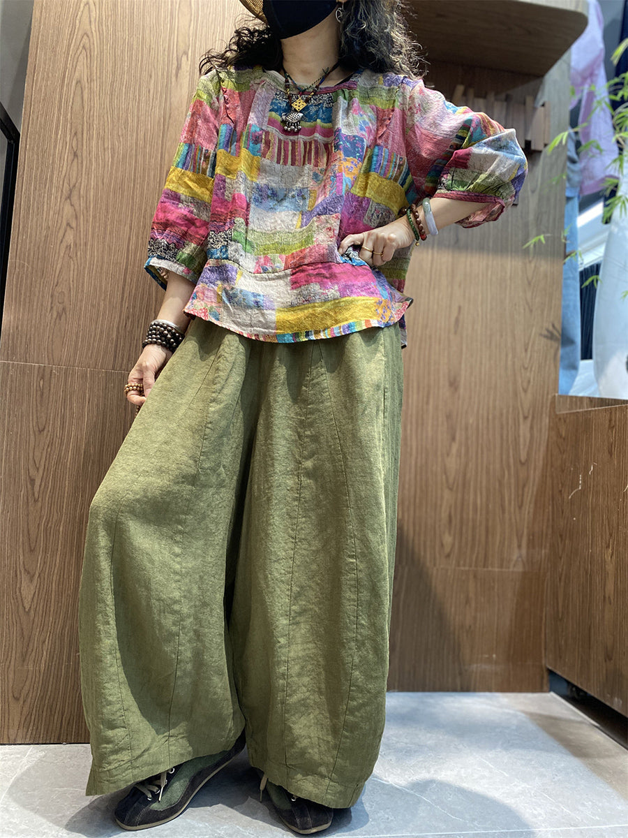 Plus Size Women Summer Artsy Patchwork O-Neck Blouse