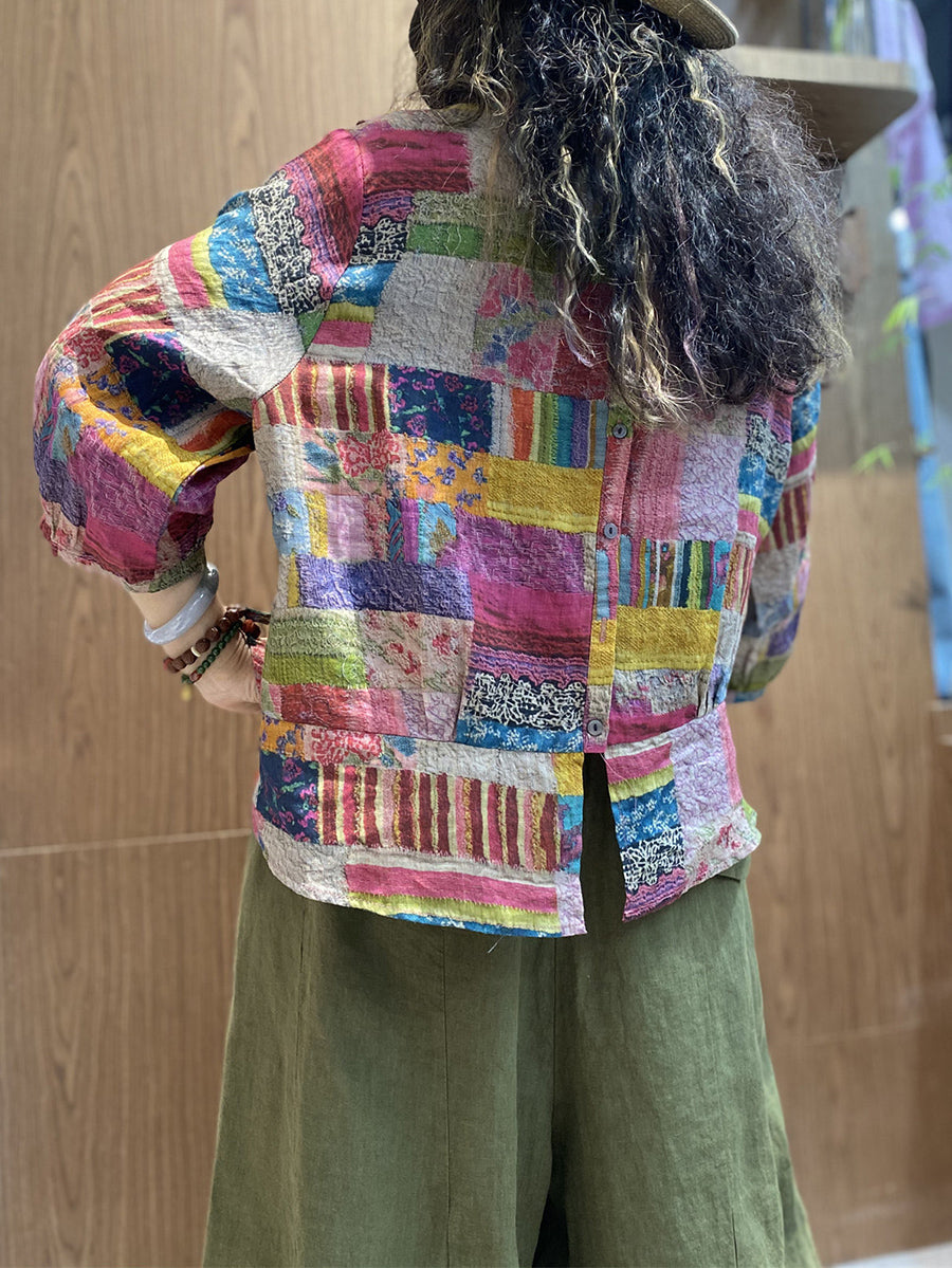Plus Size Women Summer Artsy Patchwork O-Neck Blouse